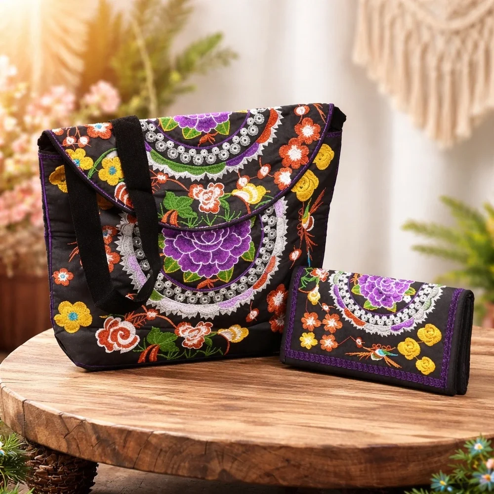 Floral Embroidery Boho Sling Bag & Wallet Set Colorful Polyester Crossbod Purse